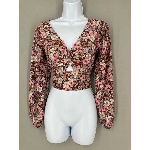 Altard State Top Womens Medium Pink Floral Crop Long Sleeve Boho Cottagecore - Picture 1 of 8